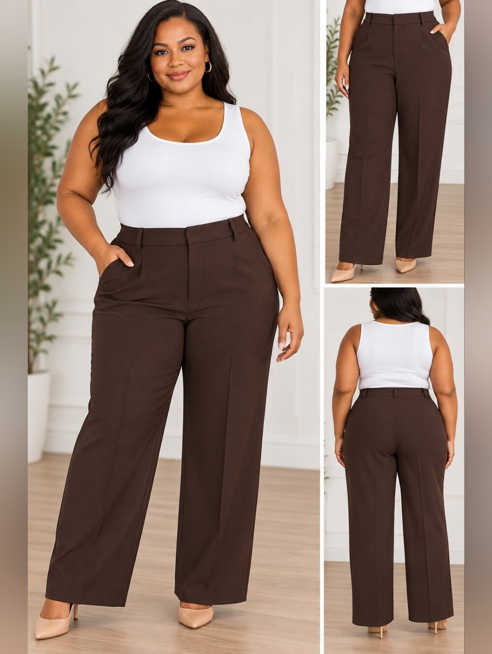 Plus Wide-Leg Dress Pants in Dark Brown